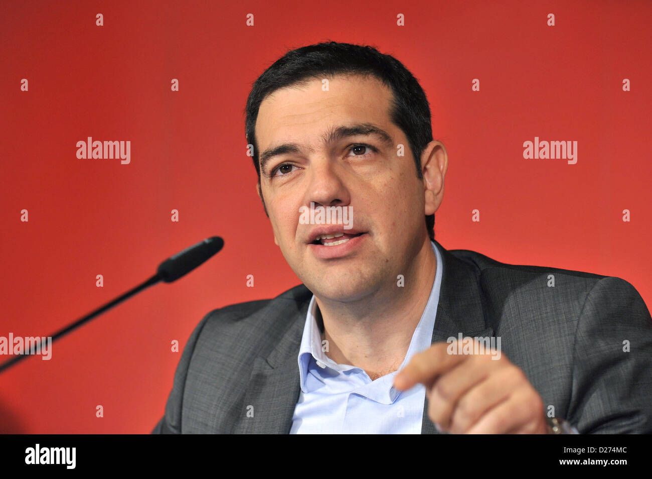 Greek opposition leader Alexis Tsipras talks about the results of his talks with the Chairman of The Left Party during a press conference at Karl-Liebknecht-Haus in Berlin, Germany, 15 January 2013. Additionally, Tsipras talked about the political path in his homeland. Photo: Paul Zinken Stock Photo