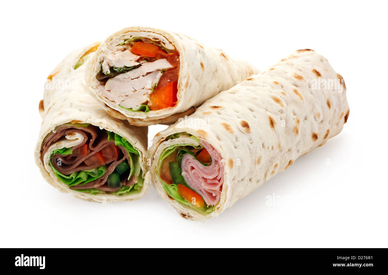 A sliced tortilla wrap a rollup of flatbread with assorted fillings Stock Photo