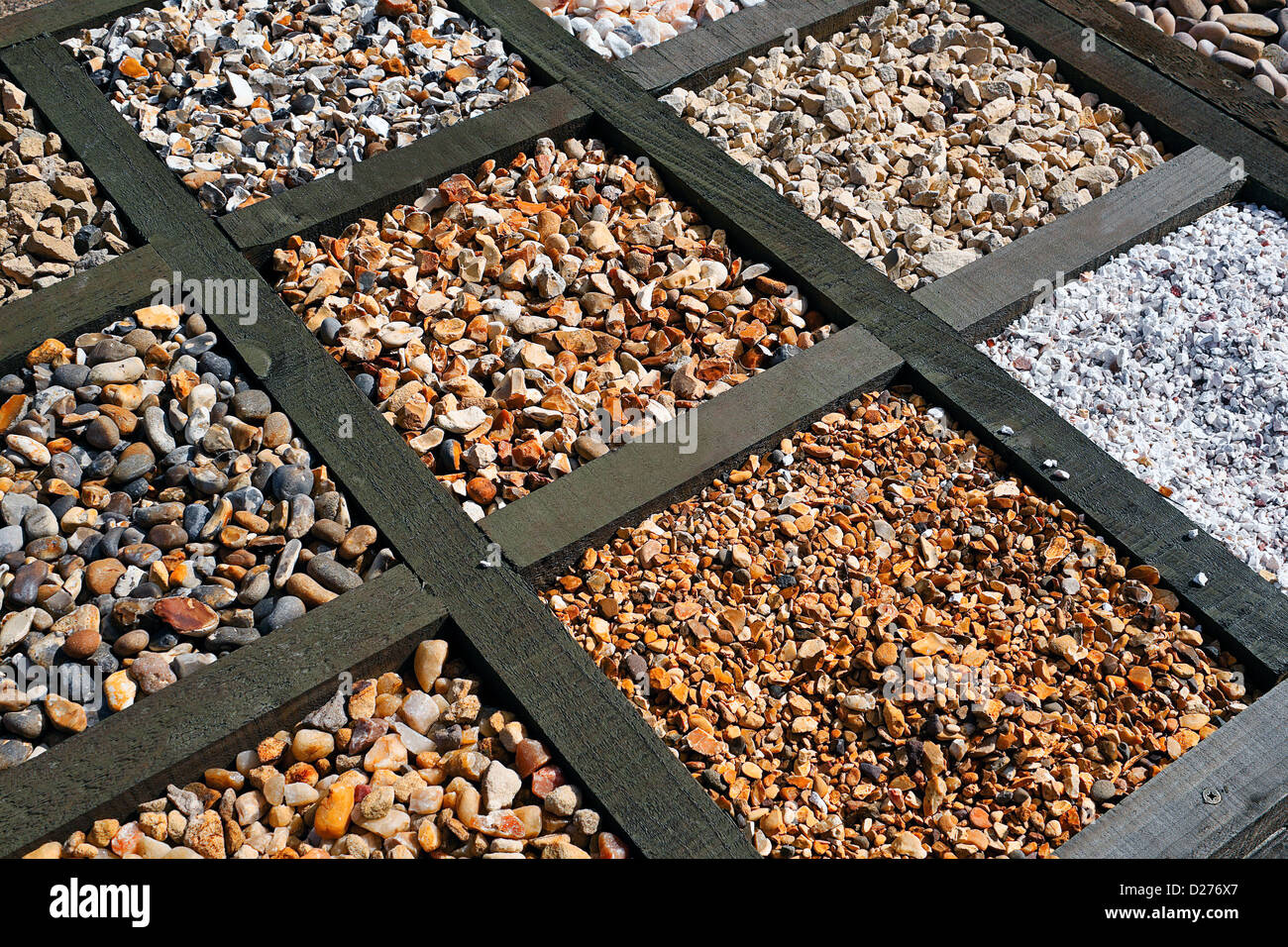 Selection of various different types of gravel for patios and paving at a garden centre Stock Photo