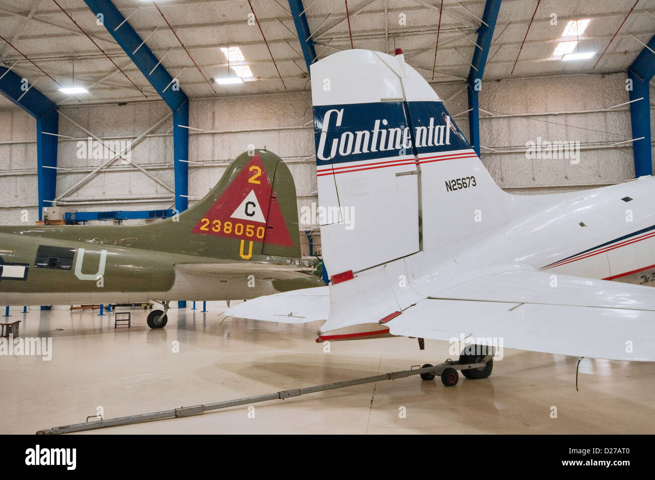 Tail sections of Douglas DC-3A Dakota airliner and Boeing B-17G Flying Fortress bomber, Lone Star Flight Museum, Galveston Texas Stock Photo