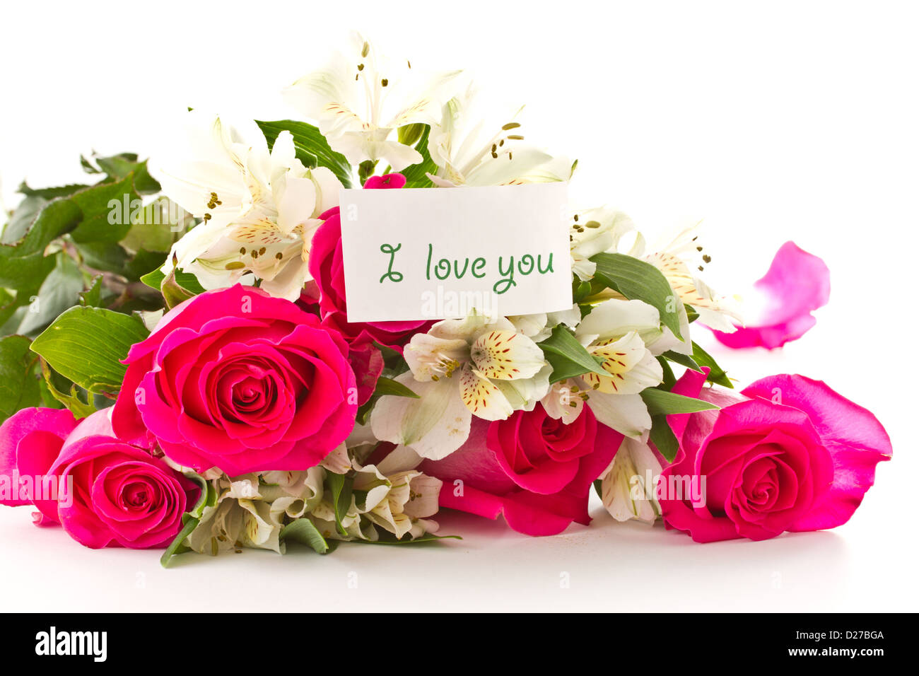 red roses and white Alstroemeria on a white background Stock Photo - Alamy