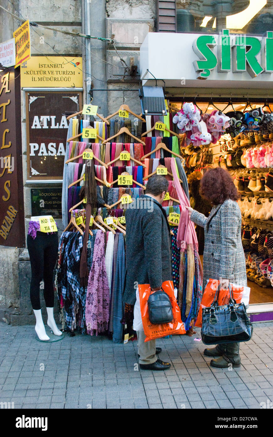 Shoppers outside clothes shop in Istanbul, Turkey. Stock Photo