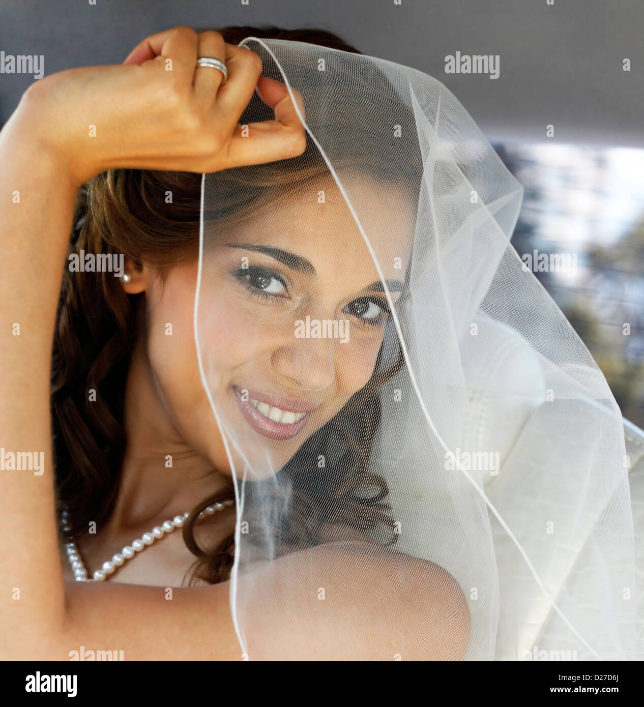 The beautiful bride is closed by a veil Stock Photo - Alamy
