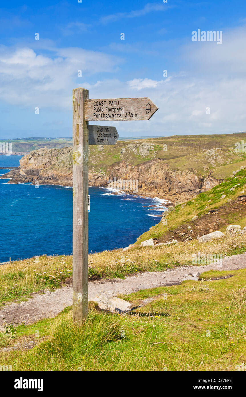 cornwall coastal path sign to sennen cove and Porthgwarra Cornwall England UK GB EU Europe Stock Photo