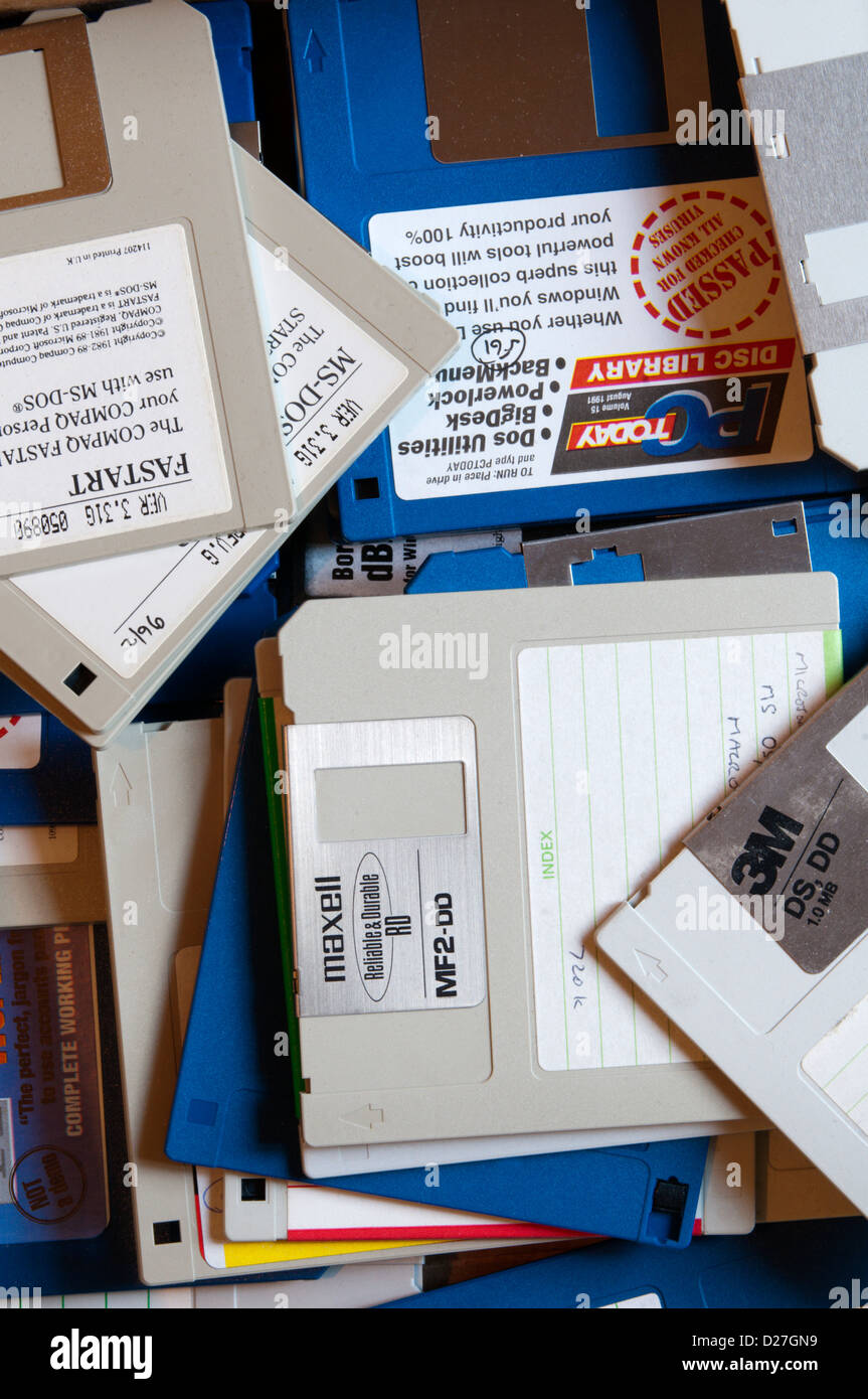 A pile of old 3.5 inch computer disks. Stock Photo