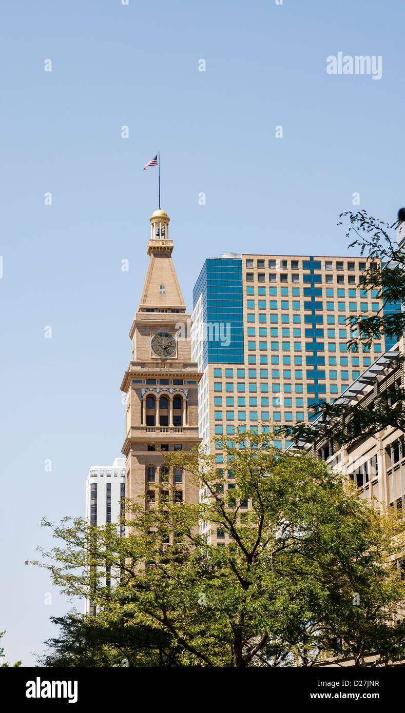 An old clock tower among modern towers in Downtown Denver, Colorado