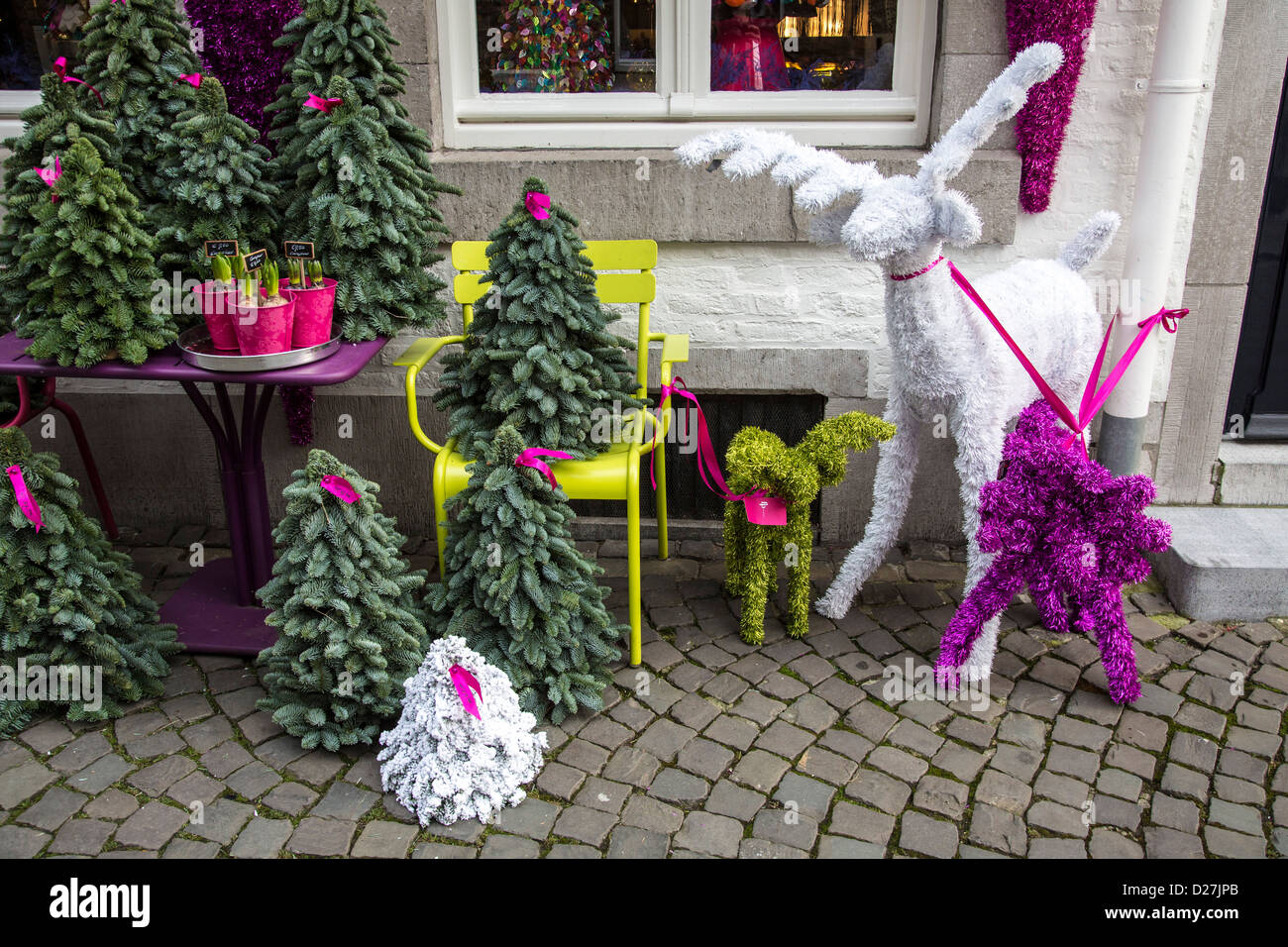 Christmas decoration in a shop, old town of Maastricht, Netherlands, Europe. Stock Photo