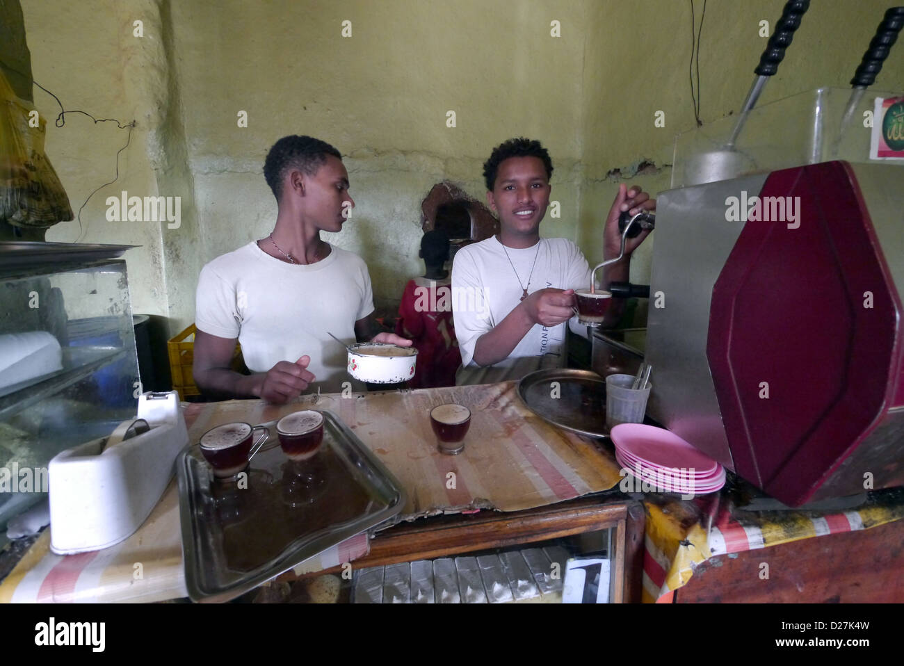 ETHIOPIA The 'Salam Cafe' in Chagni, Beni Shangul Gumuz region. Employees using espresso machine. Stock Photo