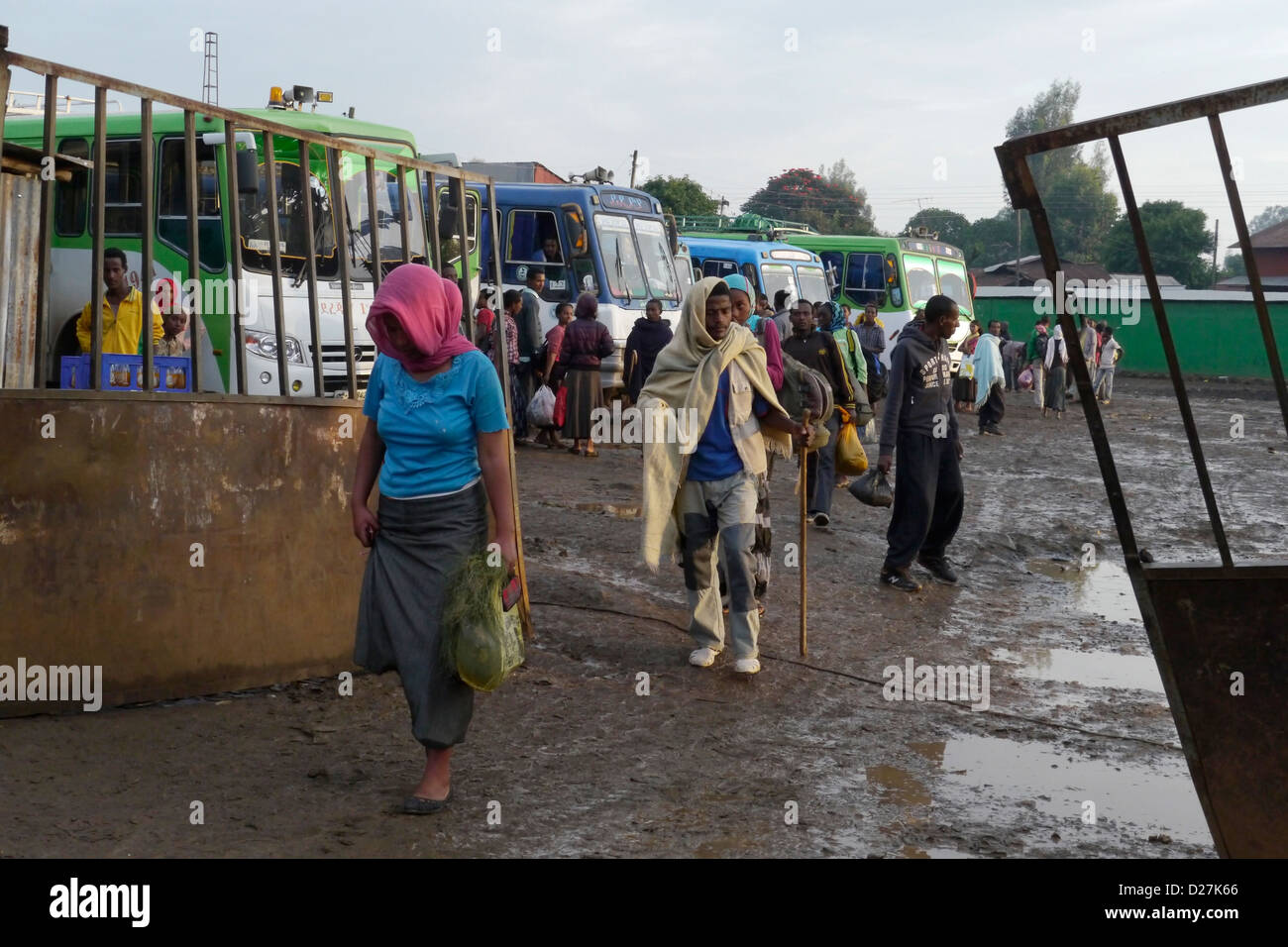 ETHIOPIA Street scenes on a rainy day in Chagni. Bus station. Stock Photo