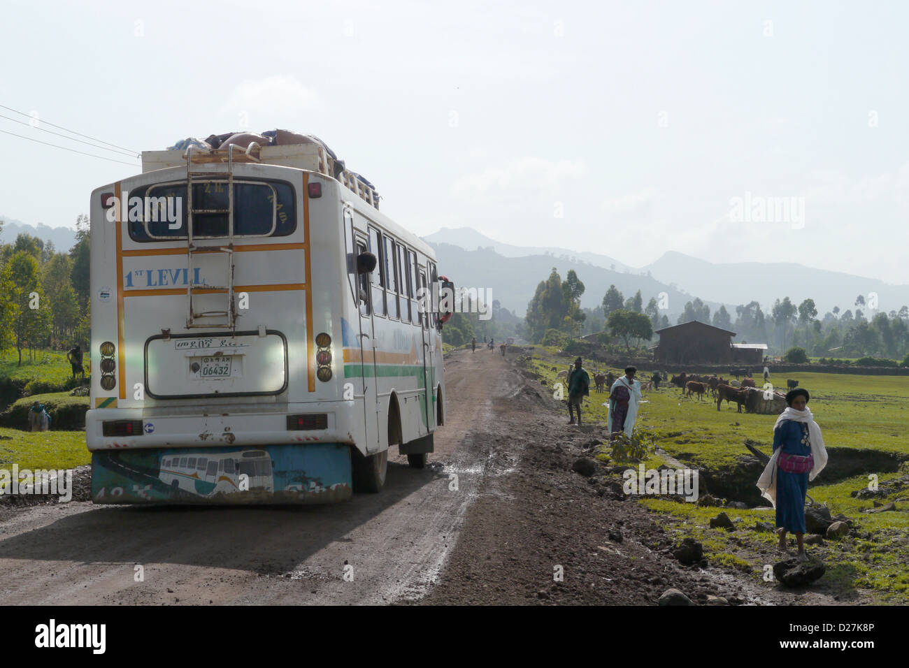 ETHIOPIA On the road between Chagni and Injibara, Beni Shangul Gumuz region. Bus on a bumpy road. Stock Photo