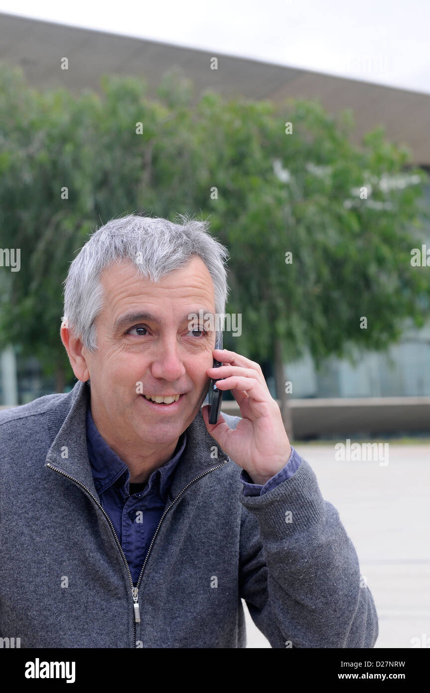 Street Photography Middle Age Man Smiling Listening Stock Photo