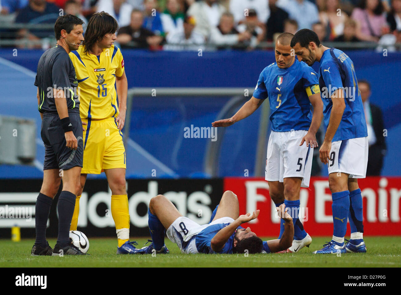 Gannaro Gattuso of Italy lies on the ground after being shaken up during the FIFA World Cup quarterfinal match against Ukraine. Stock Photo