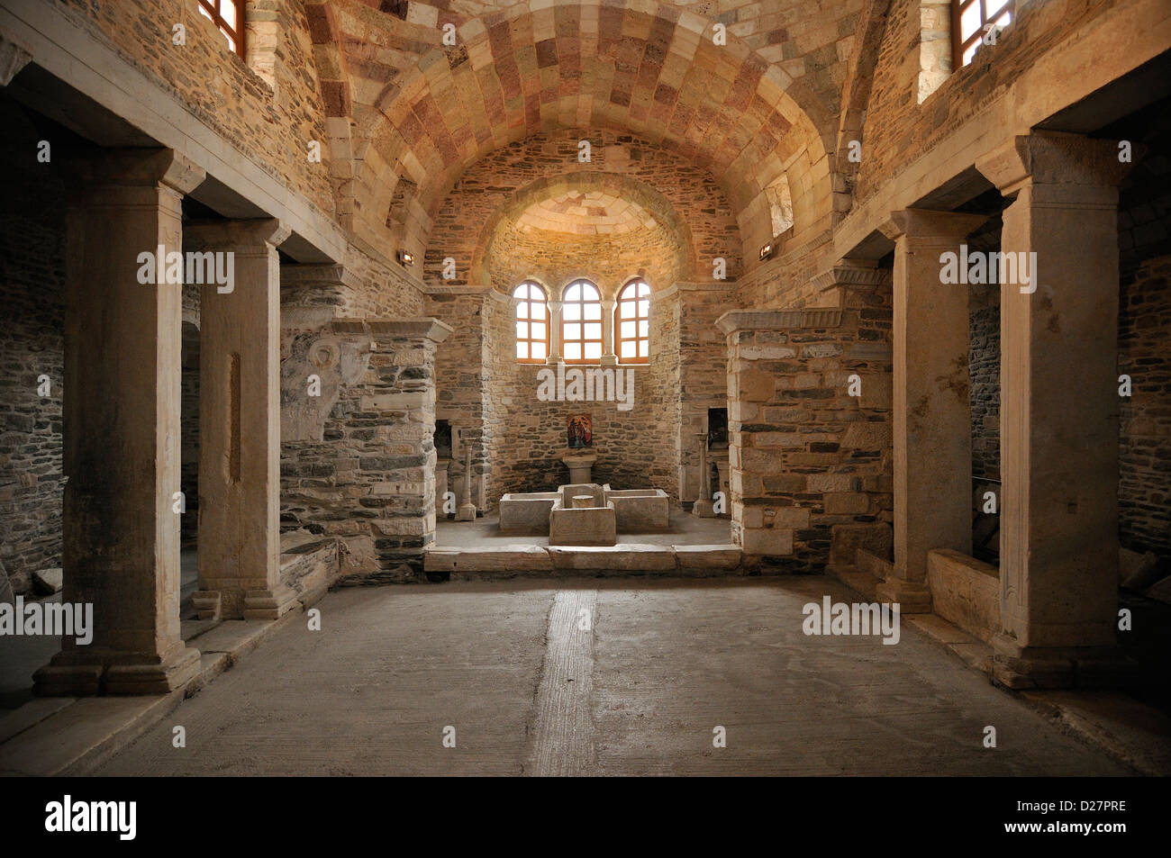 Paros. Greece. Parykia, Baptismal Font, Panagia Ekatontapyliani church. Stock Photo