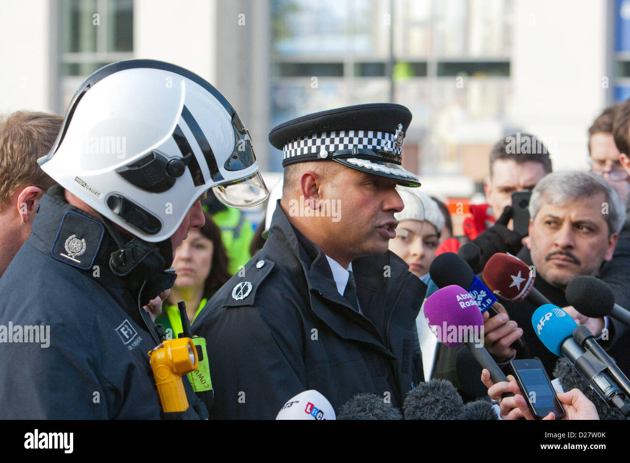 London, UK. 16th January 2013. Metropolitan Police Commander Neil Basu informs the press the helicopter was a commercial flight which had taken off from Redhill on Wednesday morning for Elstree in Hertfordshire. He confirms there were two fatalities and nine wounded. One of the fatalities was the pilot, the other was in the proximity of where the aircraft came down. Vauxhall, London, UK 16th January 2012. Credit:  martyn wheatley / Alamy Live News Stock Photo