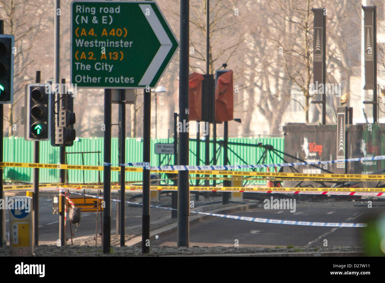 London, UK. 16th January 2013. Part of the crane on St George's Wharf tower that an Agusta 109 helicopter had collided with lies in Wandsworth Road in Vauxhall, London, 16th January 2013. Credit:  martyn wheatley / Alamy Live News Stock Photo