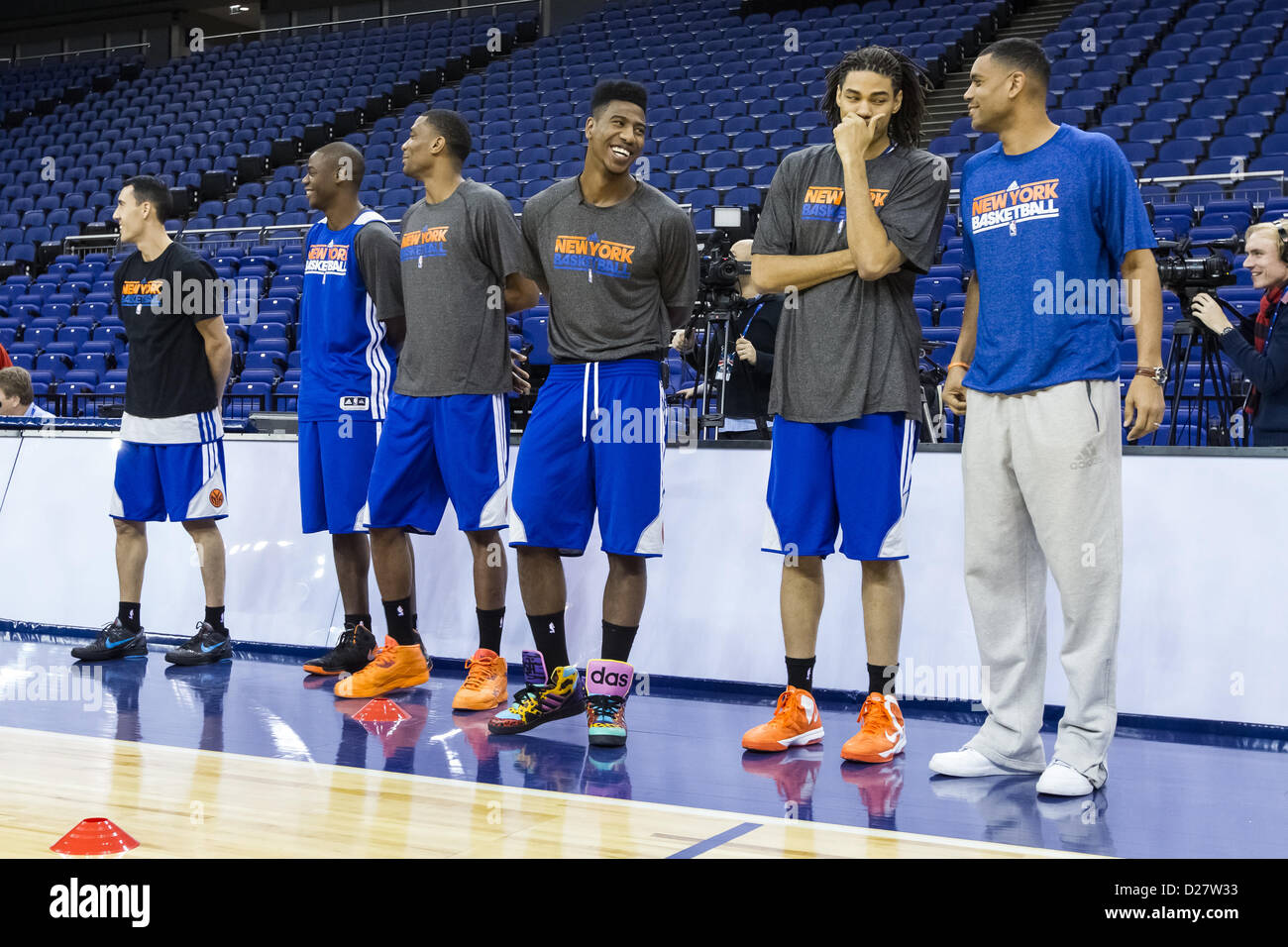 London, UK. 16th January 2013. New York Knicks players line up for team practice ahead of the NBA London Live 2013 game between the Detroit Pistons and the New York Knicks from The O2 Arena Stock Photo