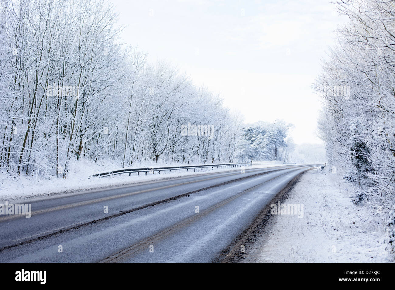 snow scene on Norfolk road Stock Photo