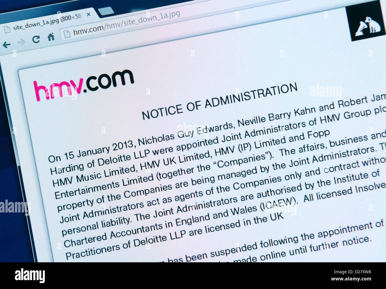 HMV website shows group in administration on January 16th 2013 Stock Photo