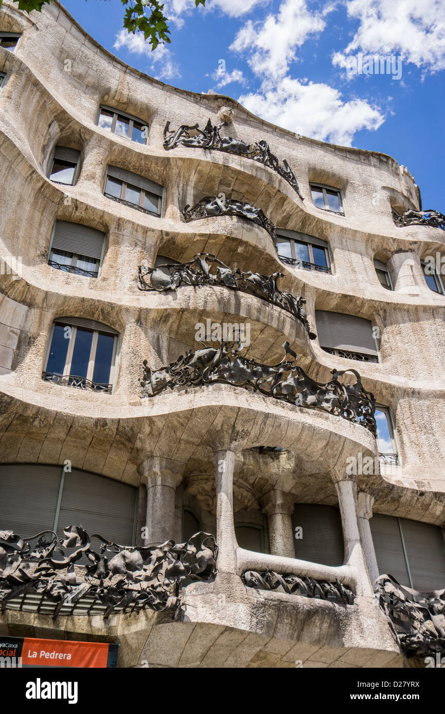 Apartment building named Casa Milà designed by architect Antoni Gaudí  in Barcelona Spain is also known as La Pedrera. Stock Photo