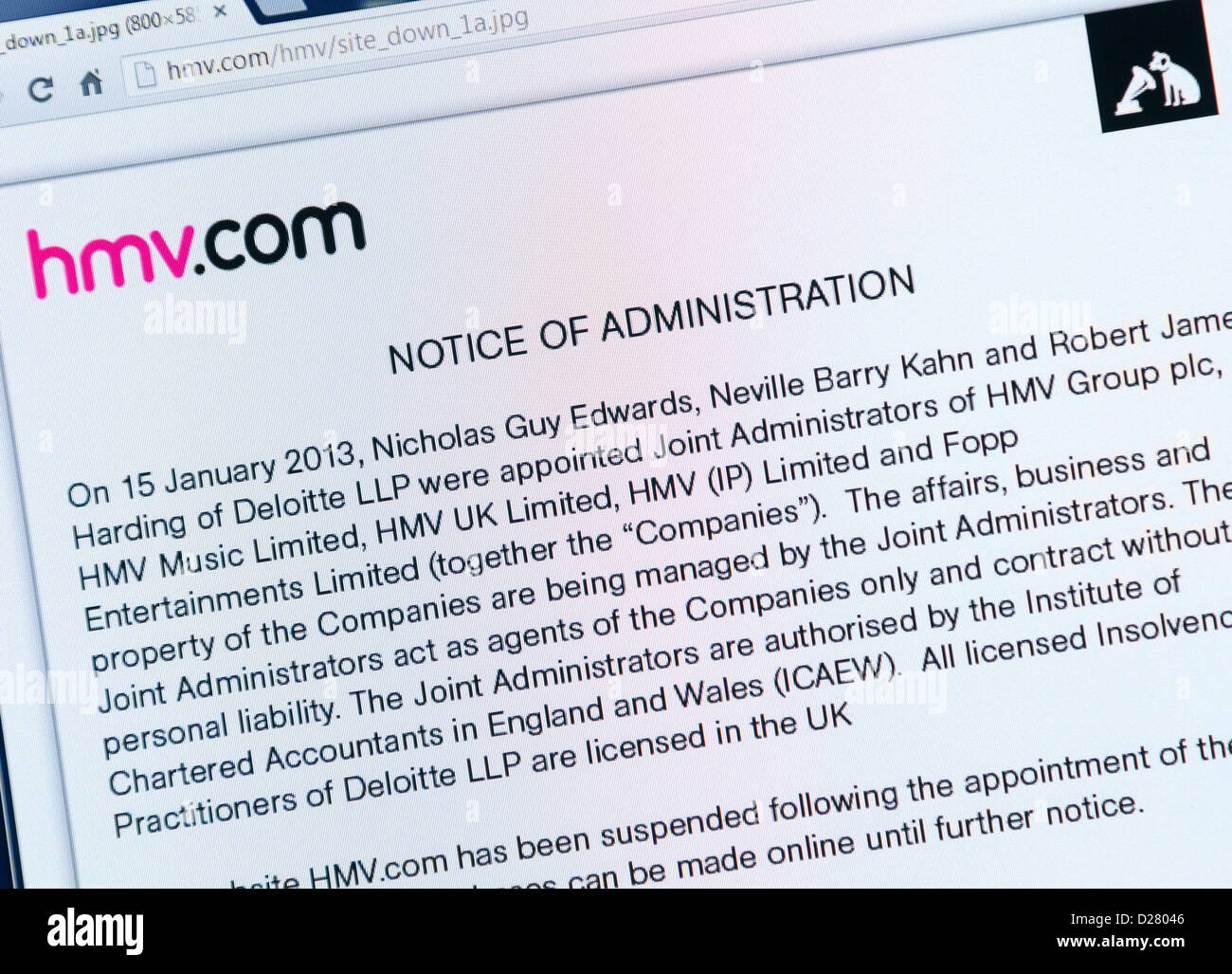 HMV website shows group in administration on January 16th 2013 Stock Photo
