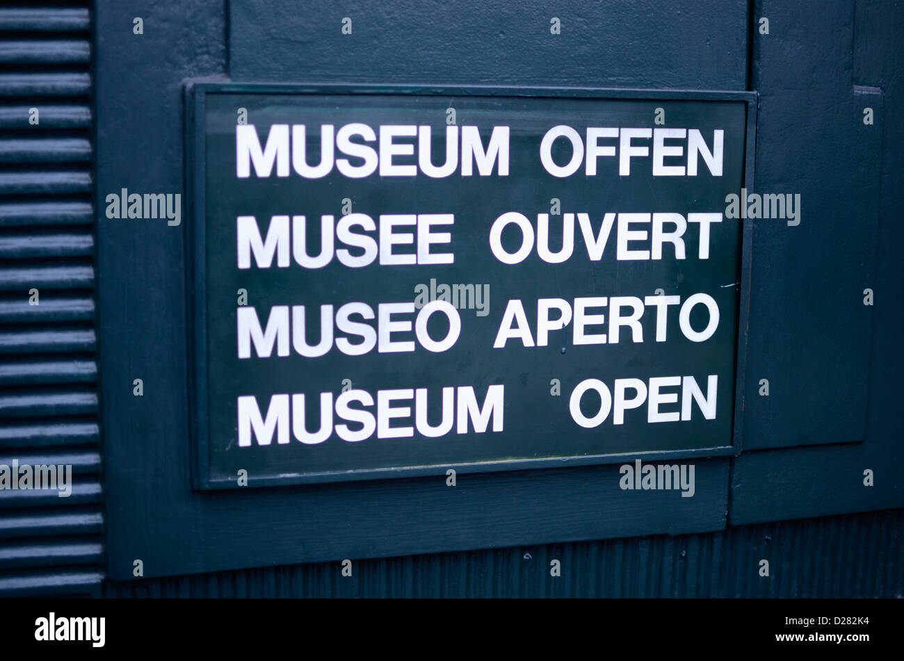 'Museum Open' sign in several languages, Basel, Switzerland Stock Photo
