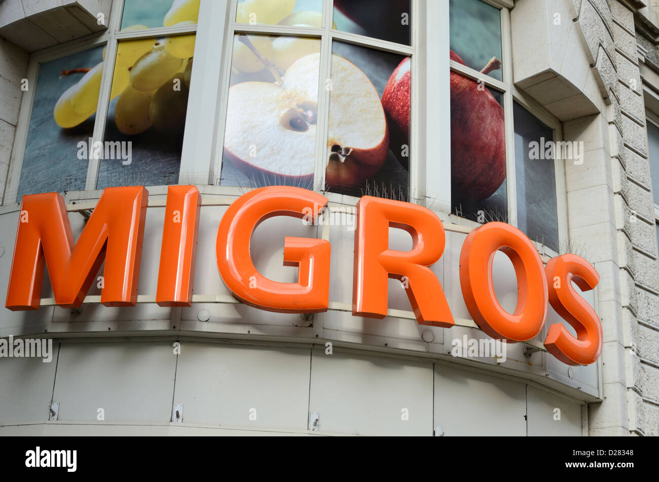 Migros supermarket sign, Basel, Switzerland Stock Photo