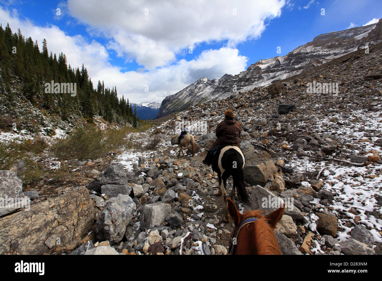 horseback riding in plain of six glaciers alberta canada Banff national park Stock Photo