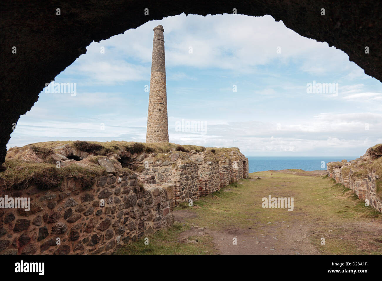 Disused stone labyrinth and chimney for the production of arsenic at Botallack Mine near St Just Cornwall UK Stock Photo