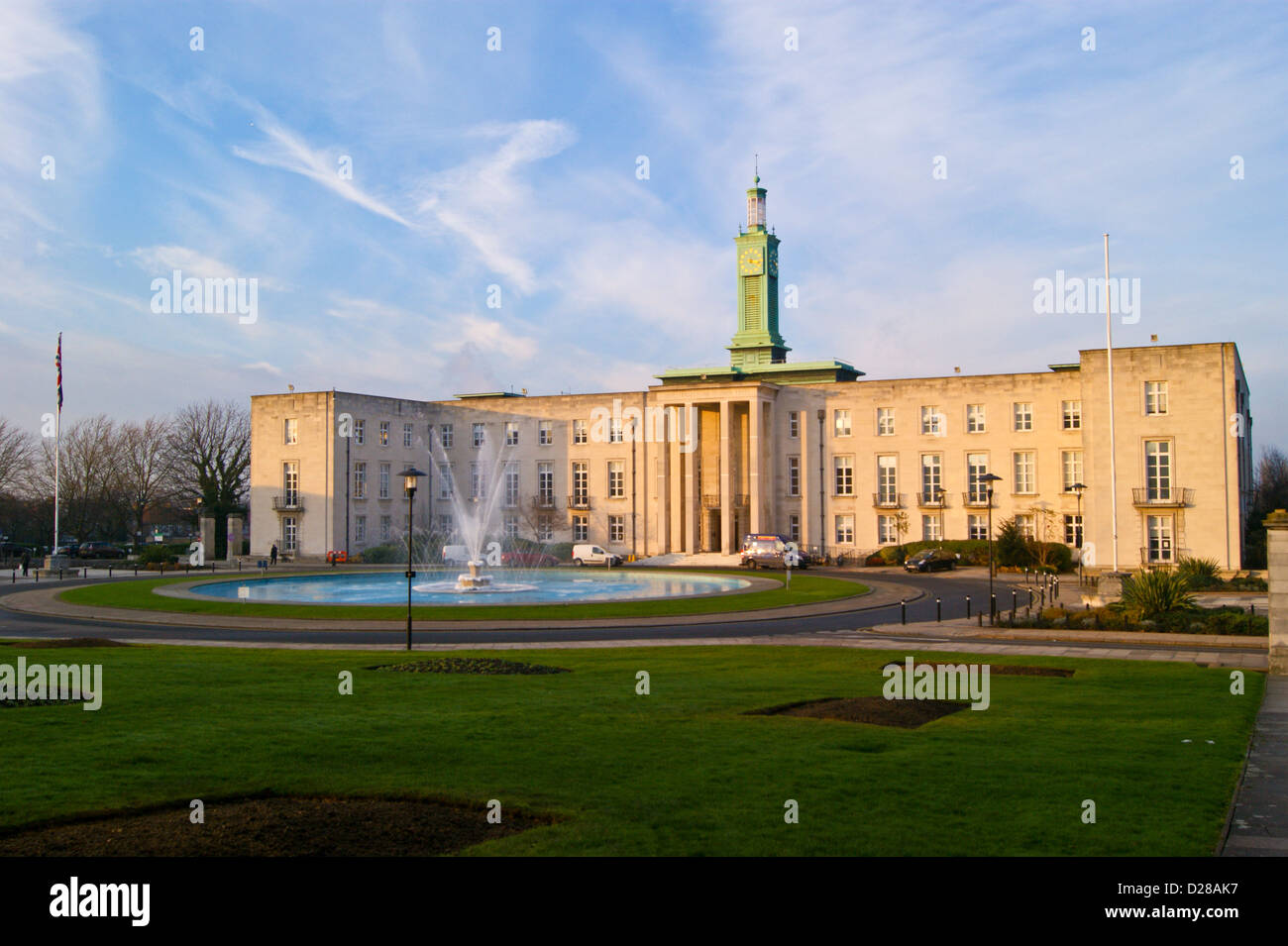 Walthamstow Town Hall, Art Deco 1937-42 by P.D. Hepworth, Forest Road, Waltham Forest, London, England, at sunset Stock Photo