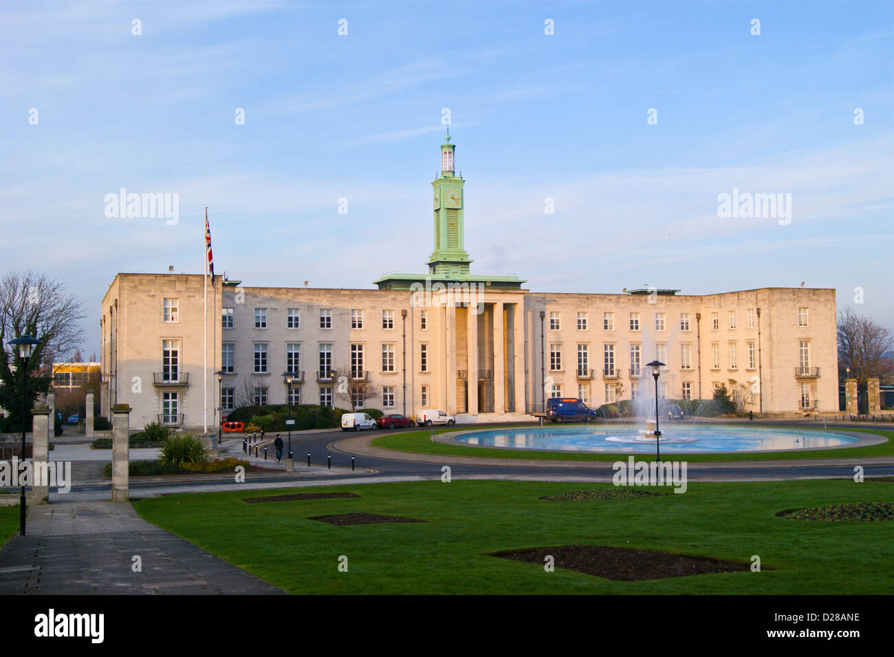 Walthamstow Town Hall, Art Deco 1937-42 by P.D. Hepworth, Forest Road, Waltham Forest, London, England, at sunset Stock Photo