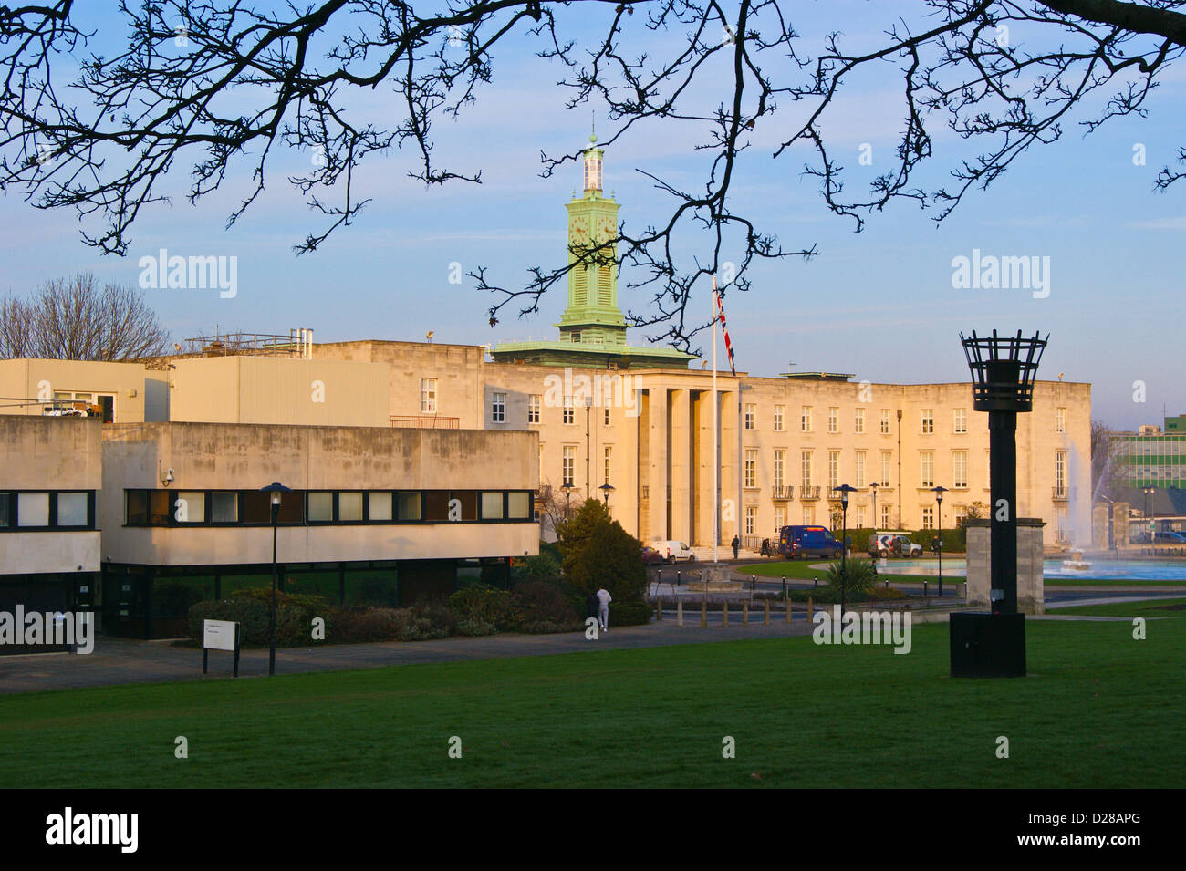 Walthamstow Town Hall, Art Deco 1937-42 by P.D. Hepworth, Forest Road, Waltham Forest, London, England, at sunset Stock Photo