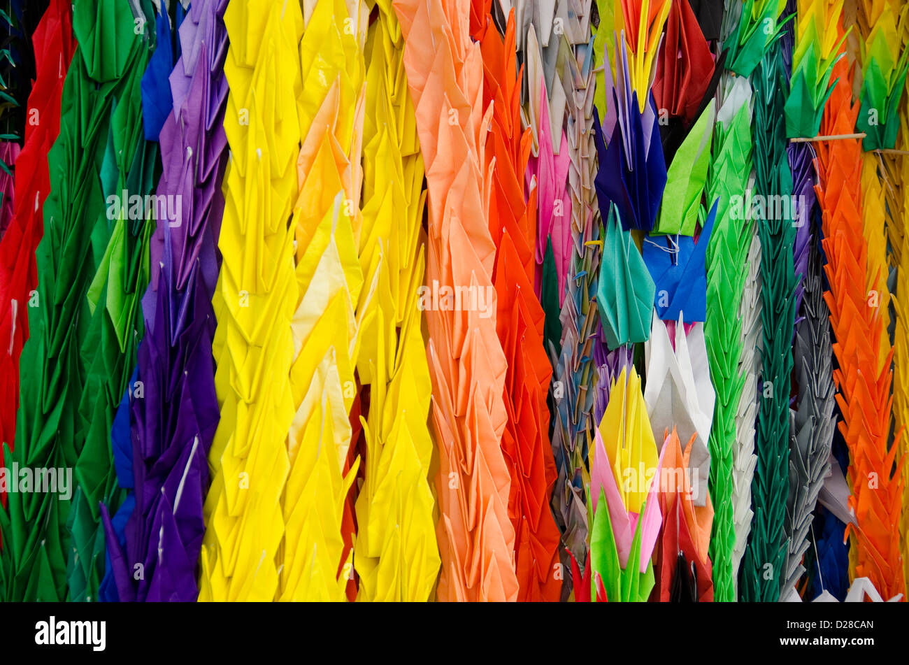 Thousand origami cranes at the children's peace monument in Hiroshima, Japan Stock Photo