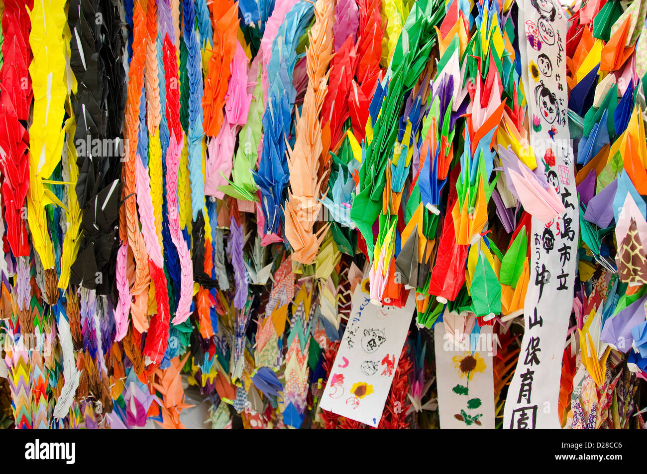 Thousand origami cranes at the children's peace monument in Hiroshima, Japan Stock Photo