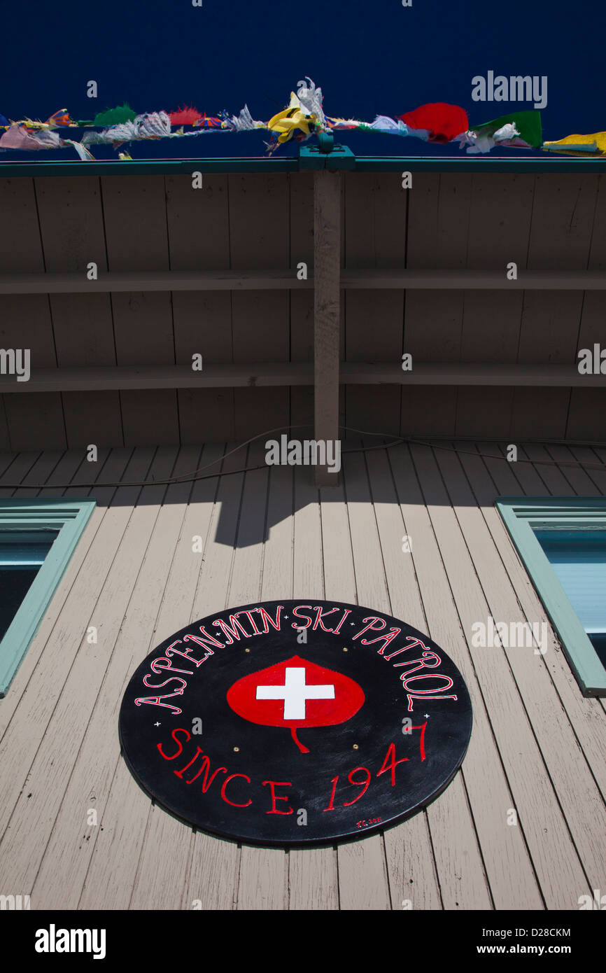 USA, Colorado, Aspen, Aspen Mountain Ski Area, ski patrol sign Stock