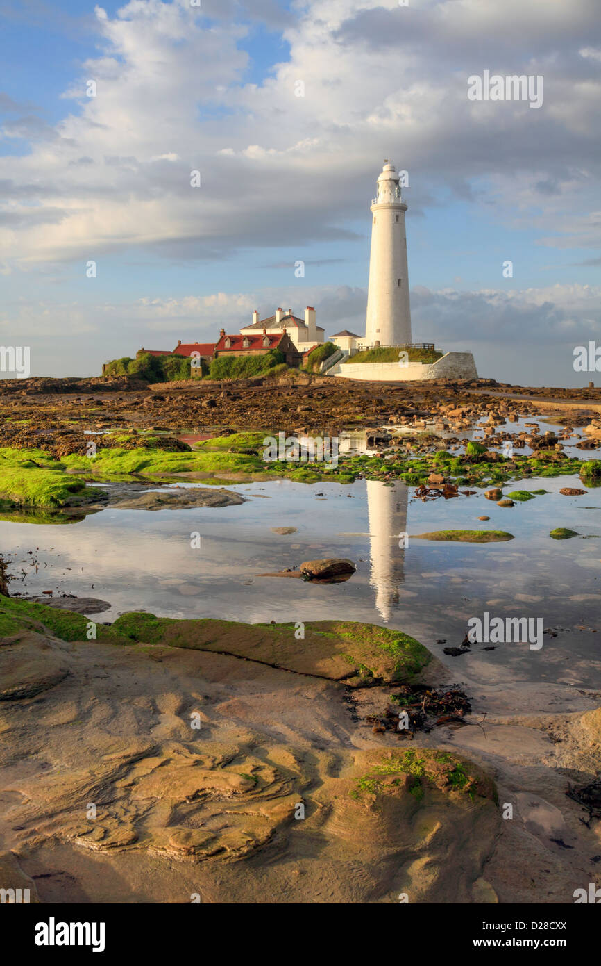 St Mary's Lighthouse near Whitley Bay on the North Tyneside Coast.  Captured at low tide during a brief spell of evening light o Stock Photo