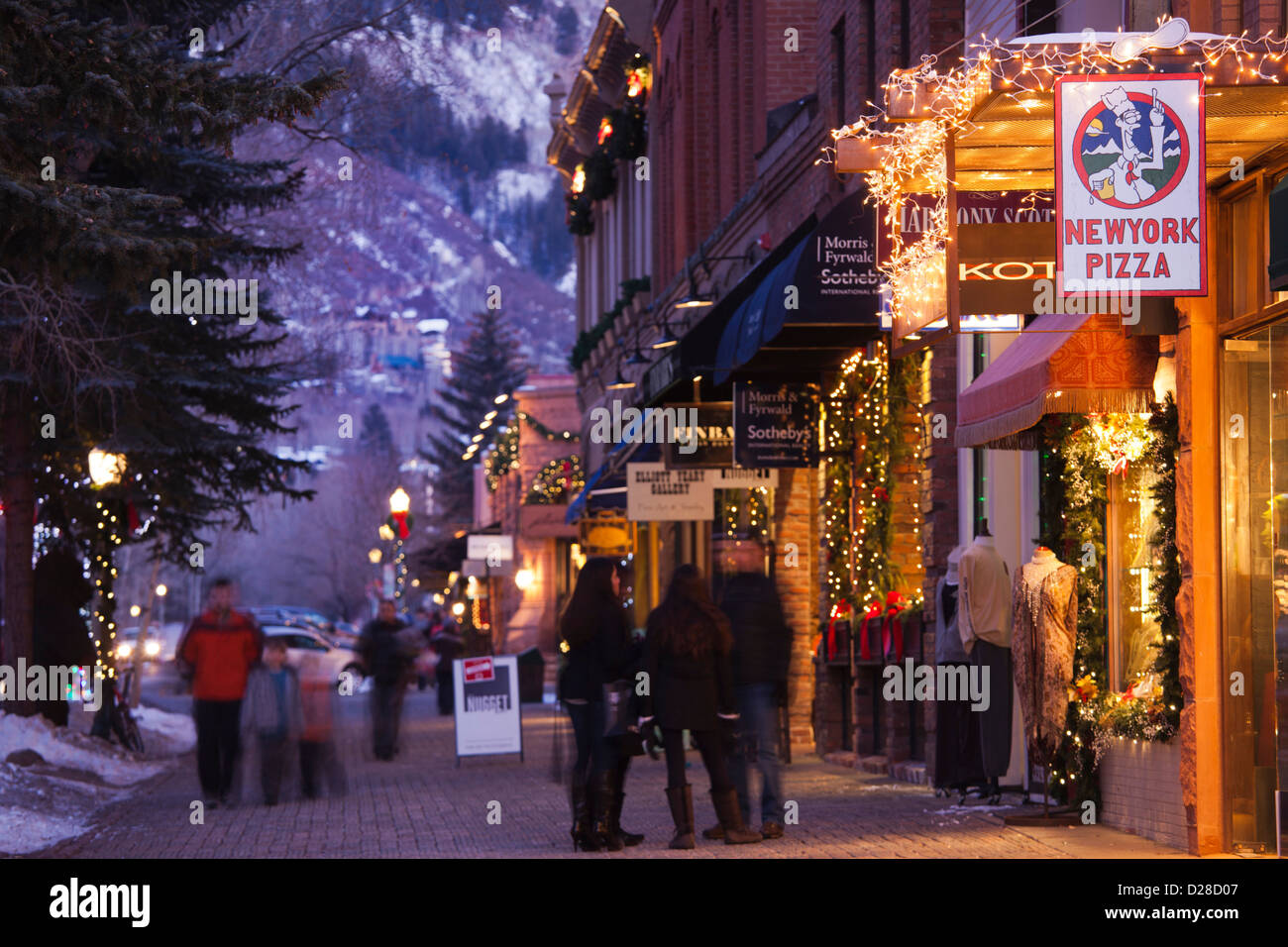 USA, Colorado, Aspen, downtown shoppers, dusk Stock Photo