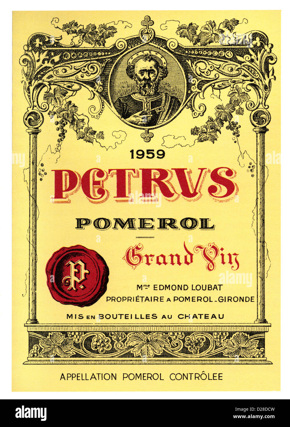 CHATEAU PETRUS Bottle label of outstanding harvest year 1959 Chateau Petrus Pomerol Grand Vin red wine Bordeaux France Stock Photo