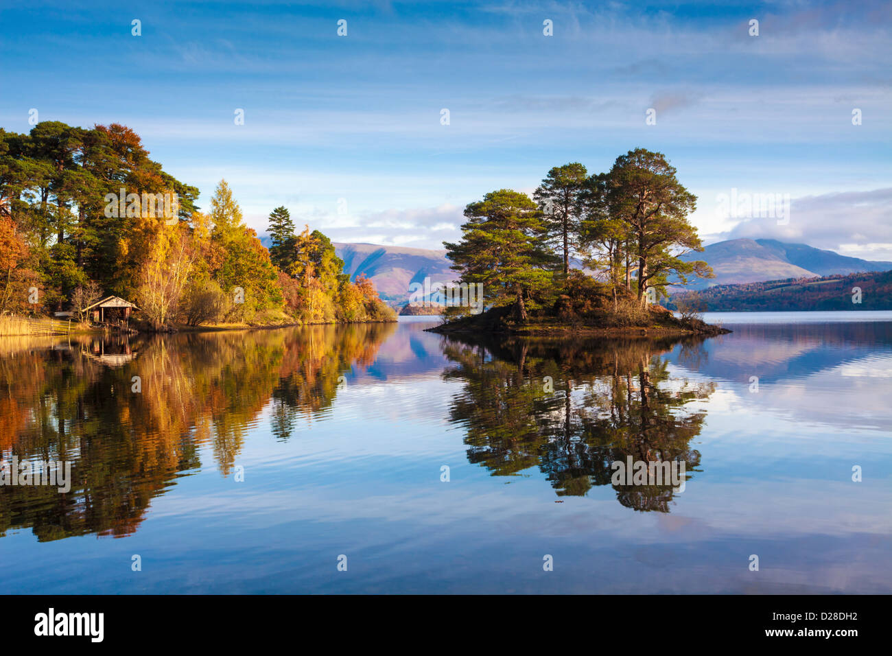 Abbot's Bay near the southern end of Derwent water in the Lake District National Park.   Captured on a still morning in October. Stock Photo