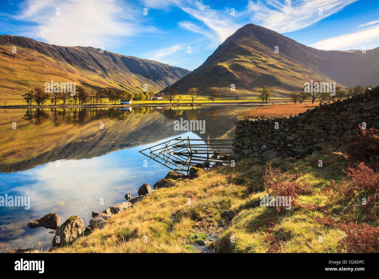 The view south towards Fleetwith Pike from the west shore of Buttermere in Lake District  National Park, captured  in October Stock Photo