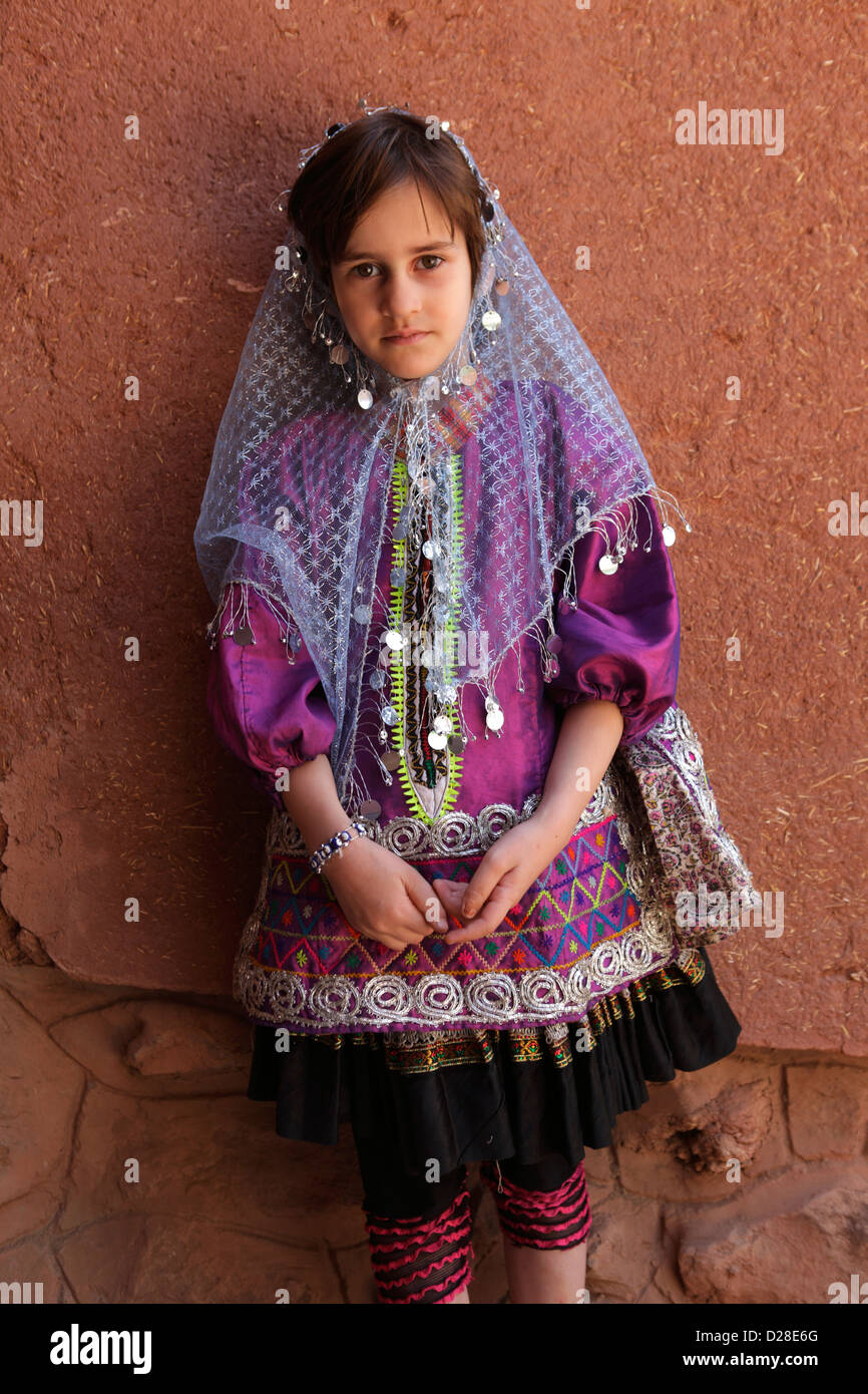 Portrait of a young iranian girl wearing traditional chador, Abyaneh, Iran Stock Photo