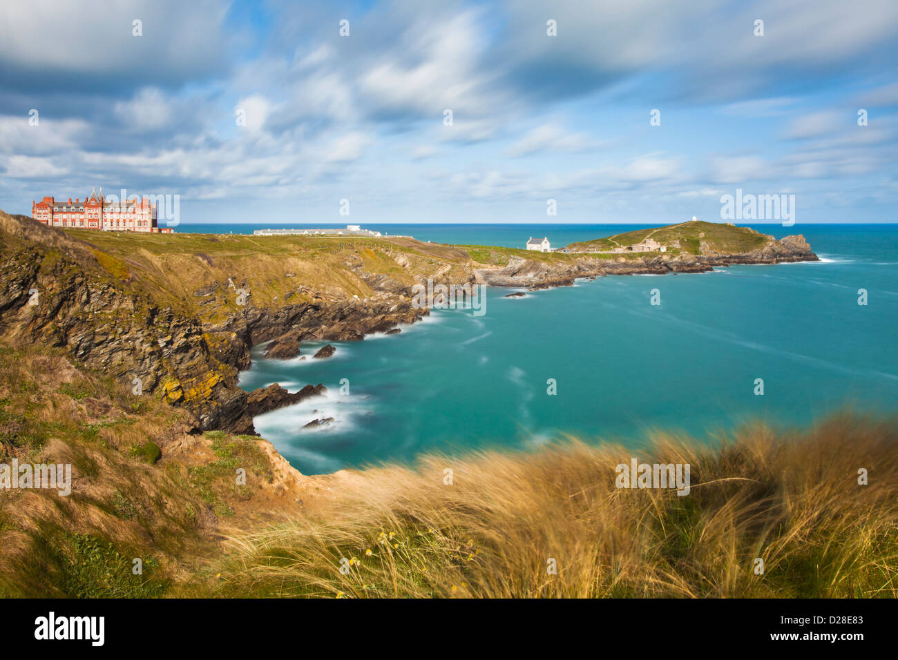 Towan Head at Newquay in Cornwall, captured using a long shutter speed to blur the sea Stock Photo