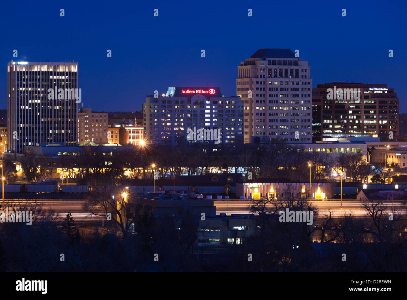 USA, Colorado, Colorado Springs, elevated city view from Bijou Hill, dusk Stock Photo