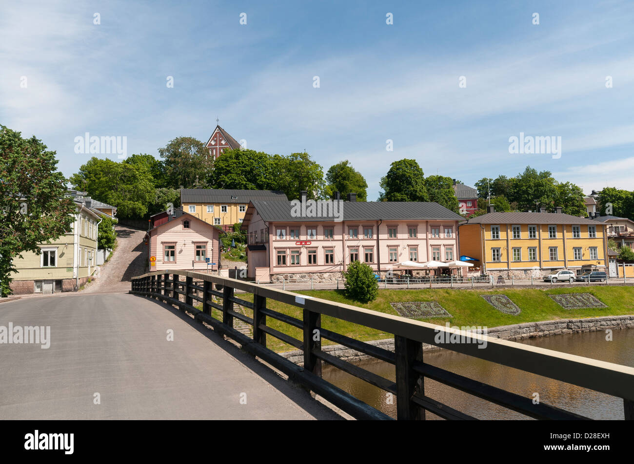 The Old Bridge leading into Old Town with Porvoo Cathedral sitting on the hill in Porvoo, Finland Stock Photo