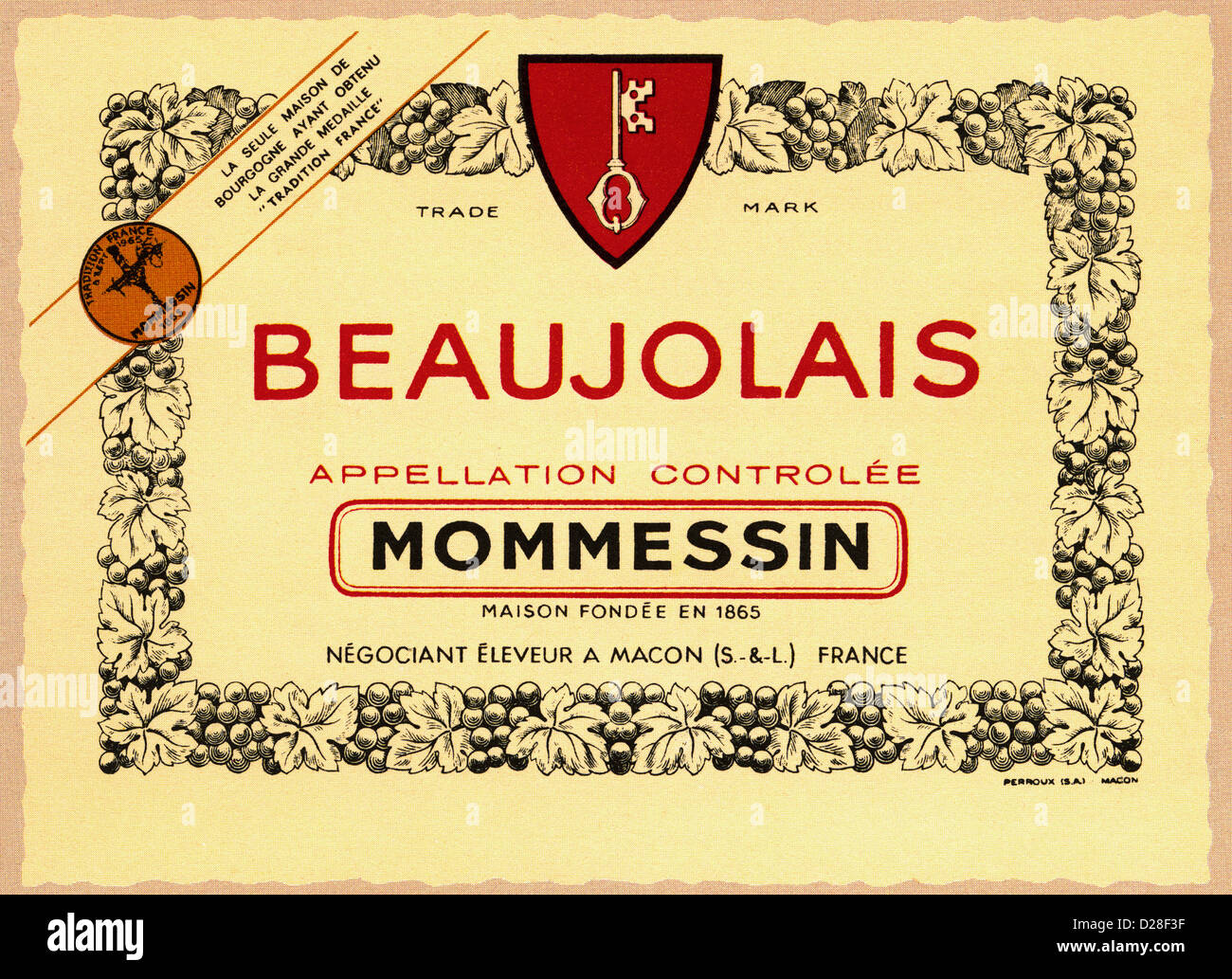 Vintage Beaujolais Mommessin red wine label Macon France Stock Photo