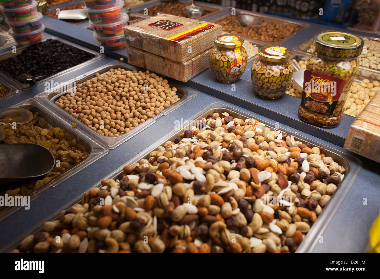 A Middle Eastern deli in Watertown, Massachusetts has a wide variety of nuts and beans Stock Photo