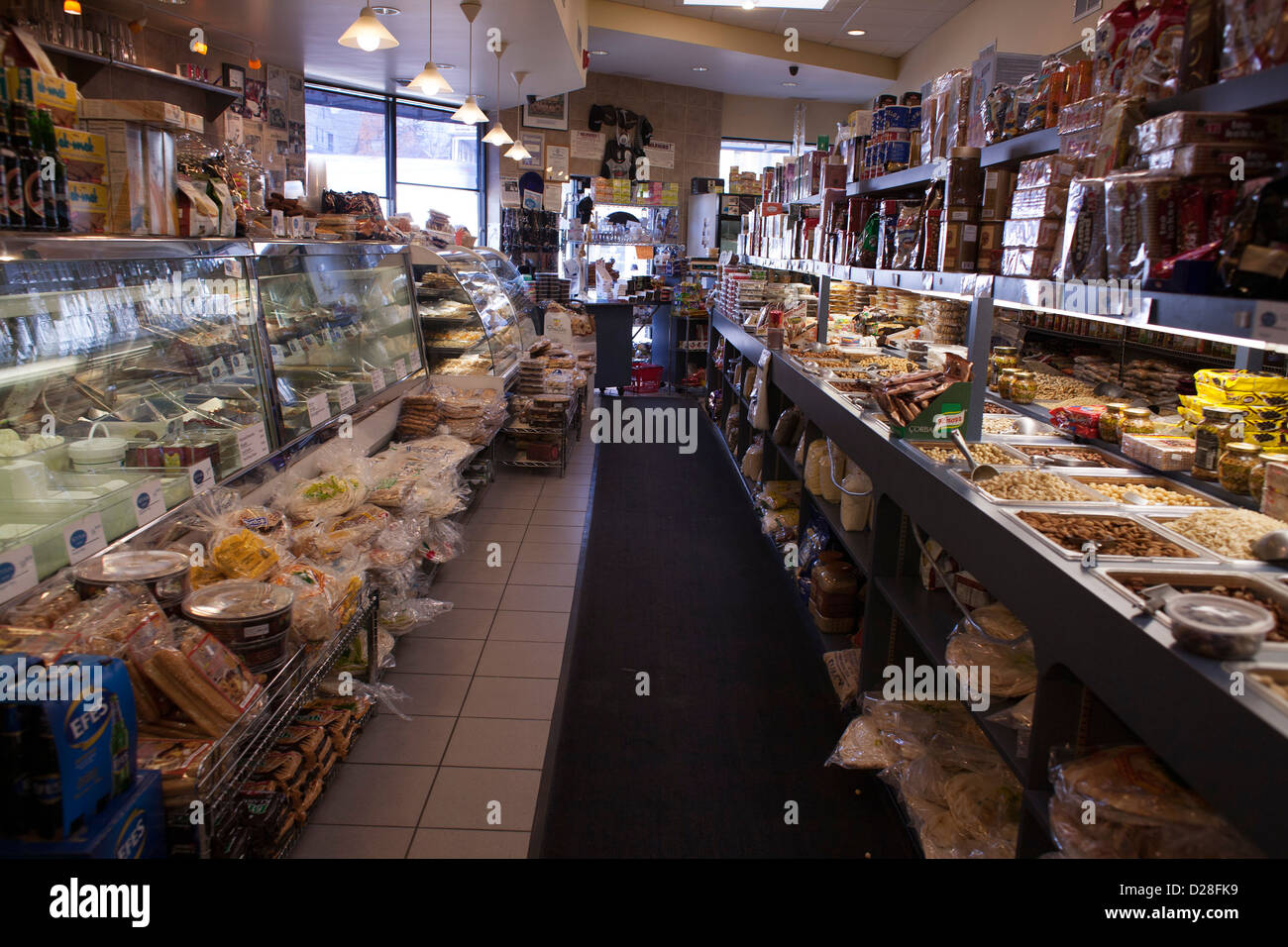 A Middle Eastern deli in Watertown, Massachusetts has a wide variety of products. Stock Photo