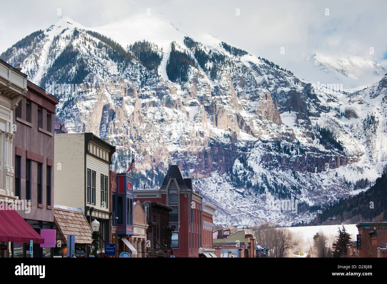 USA, Colorado, Telluride, Main Street and Ajax Peak, winter Stock Photo