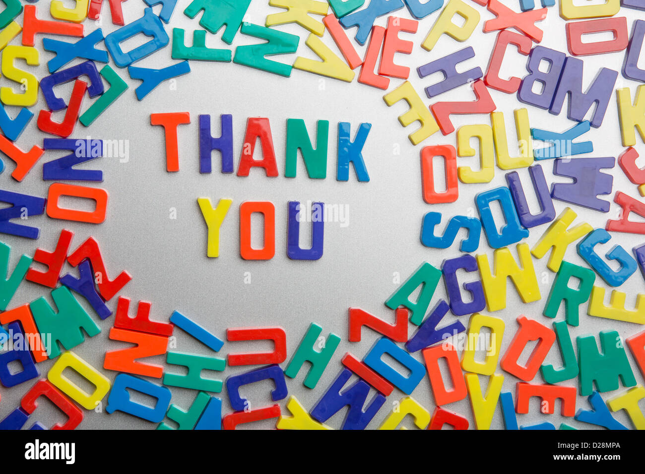 'Thank You' - Refrigerator magnets spell a message out of a jumble of letters Stock Photo