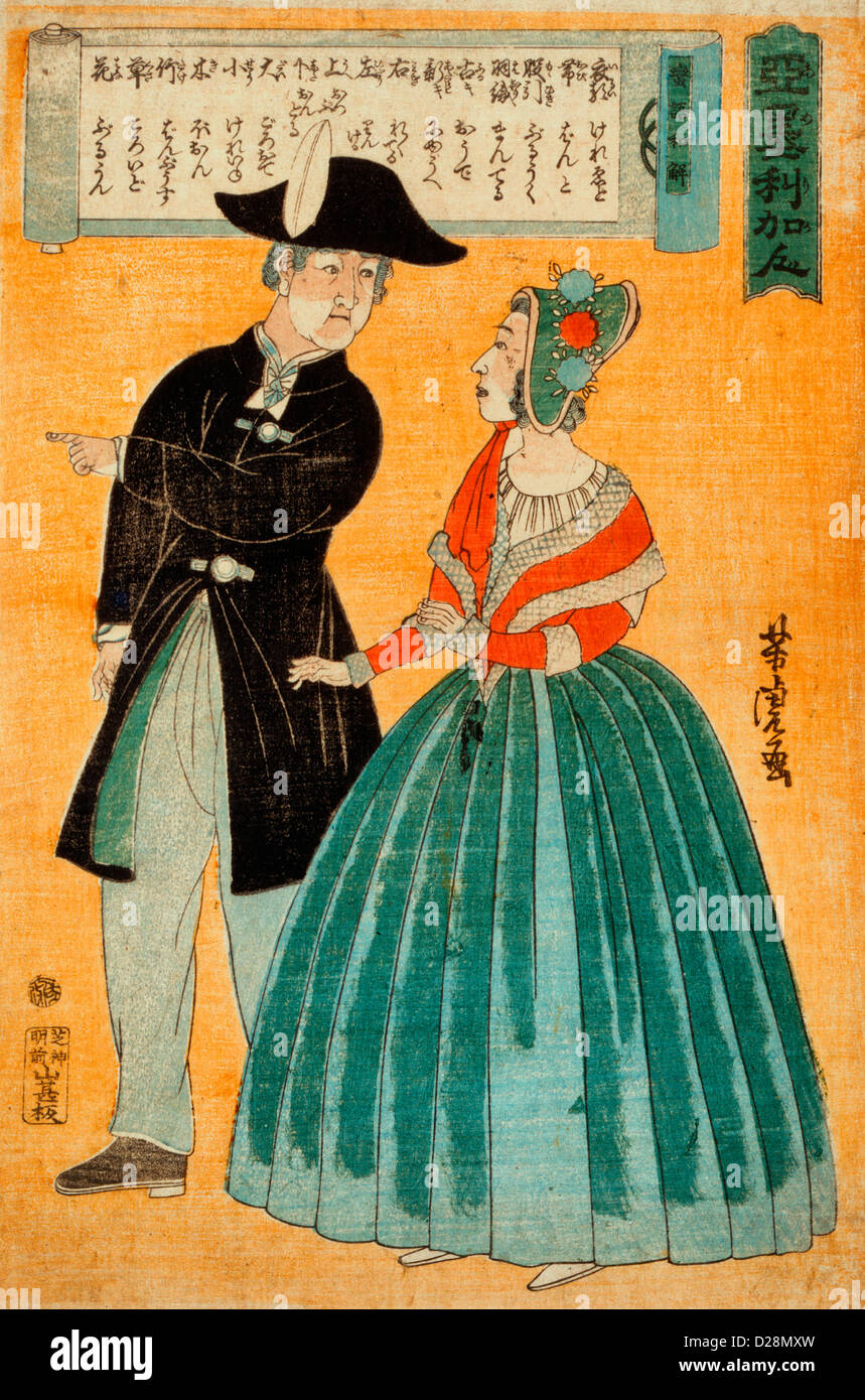 Japanese print shows an American couple conversing; includes text of Japanese translation, circa 1863 Stock Photo