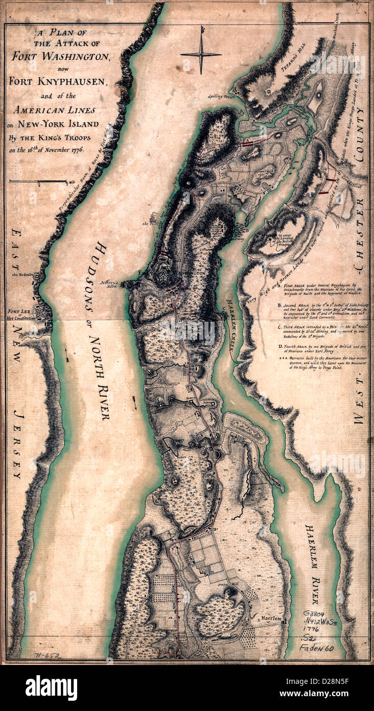 A plan of the attack of Fort Washington, now Fort Knyphausen, and of the American lines on New-York Island by the King's troops, on the 16th of November 1776. USA Revolutionary War Stock Photo